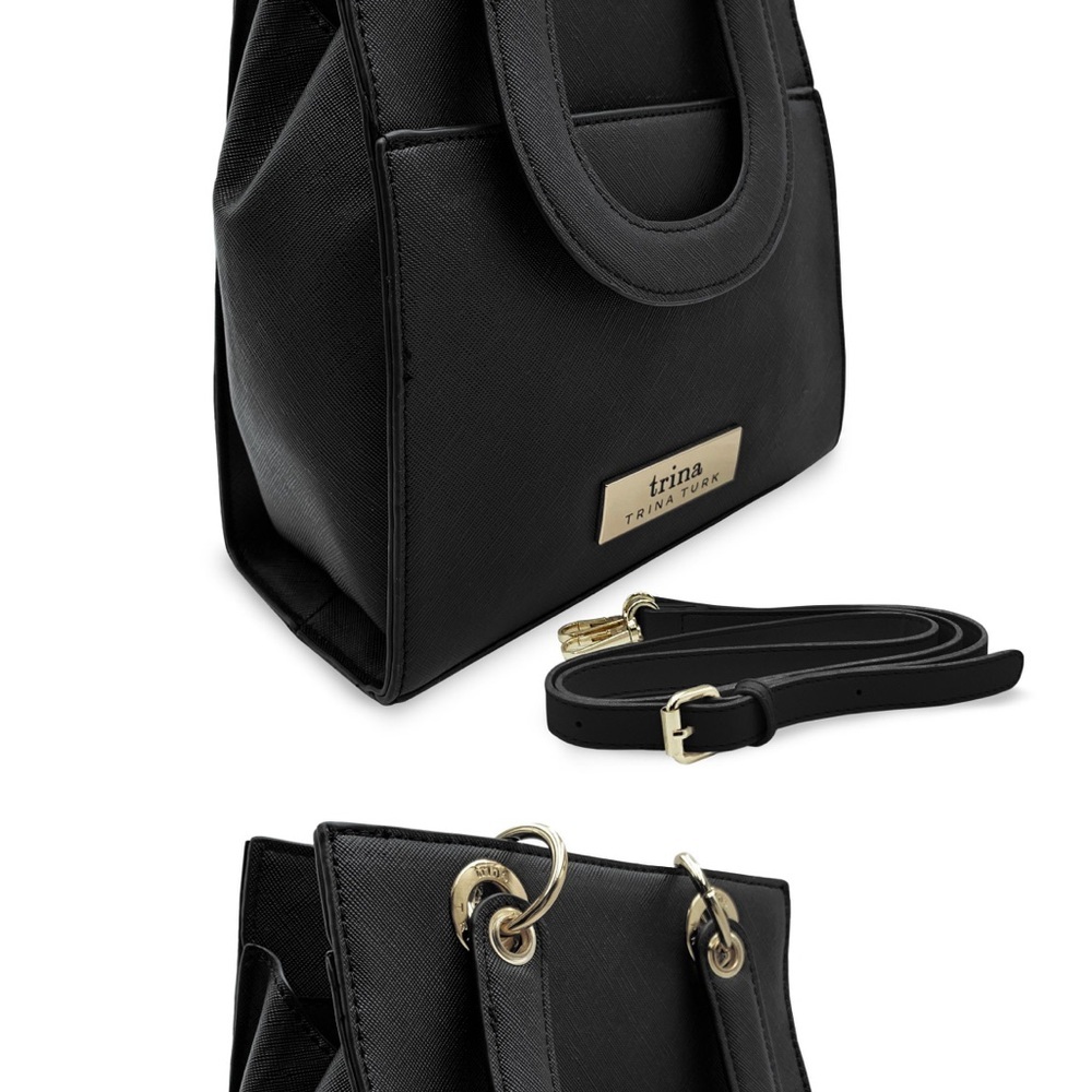 Trina Turk Black Satchel with Structured Design and Gold Hardware - Picture 3 of 4